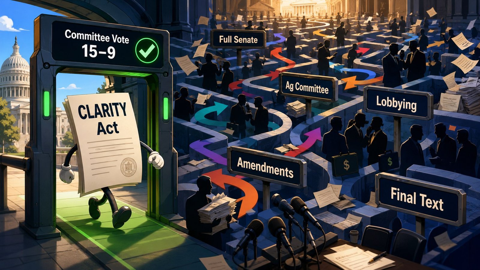 Animated editorial image showing the CLARITY Act passing one gate before a larger lobbying maze