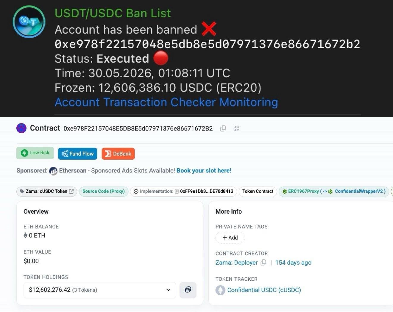 WuBlockchain image showing Circle blacklisting Zama cUSDC and freezing about $12.6 million