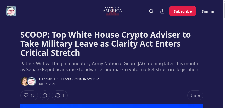 Crypto in America top-card for Patrick Witt CLARITY Act timing story