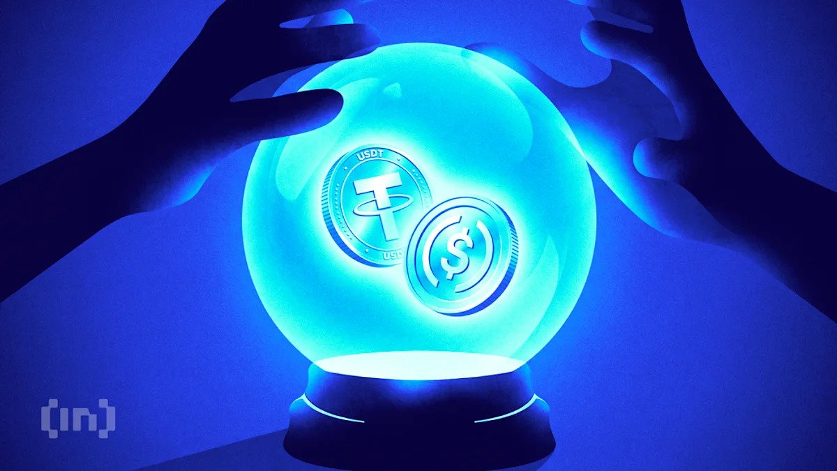 USDT and dollar stablecoin tokens in a blue crystal ball